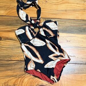 DKNY Black One-Piece Swimsuit with Cream & Brown Leaf Print, Women’s 8